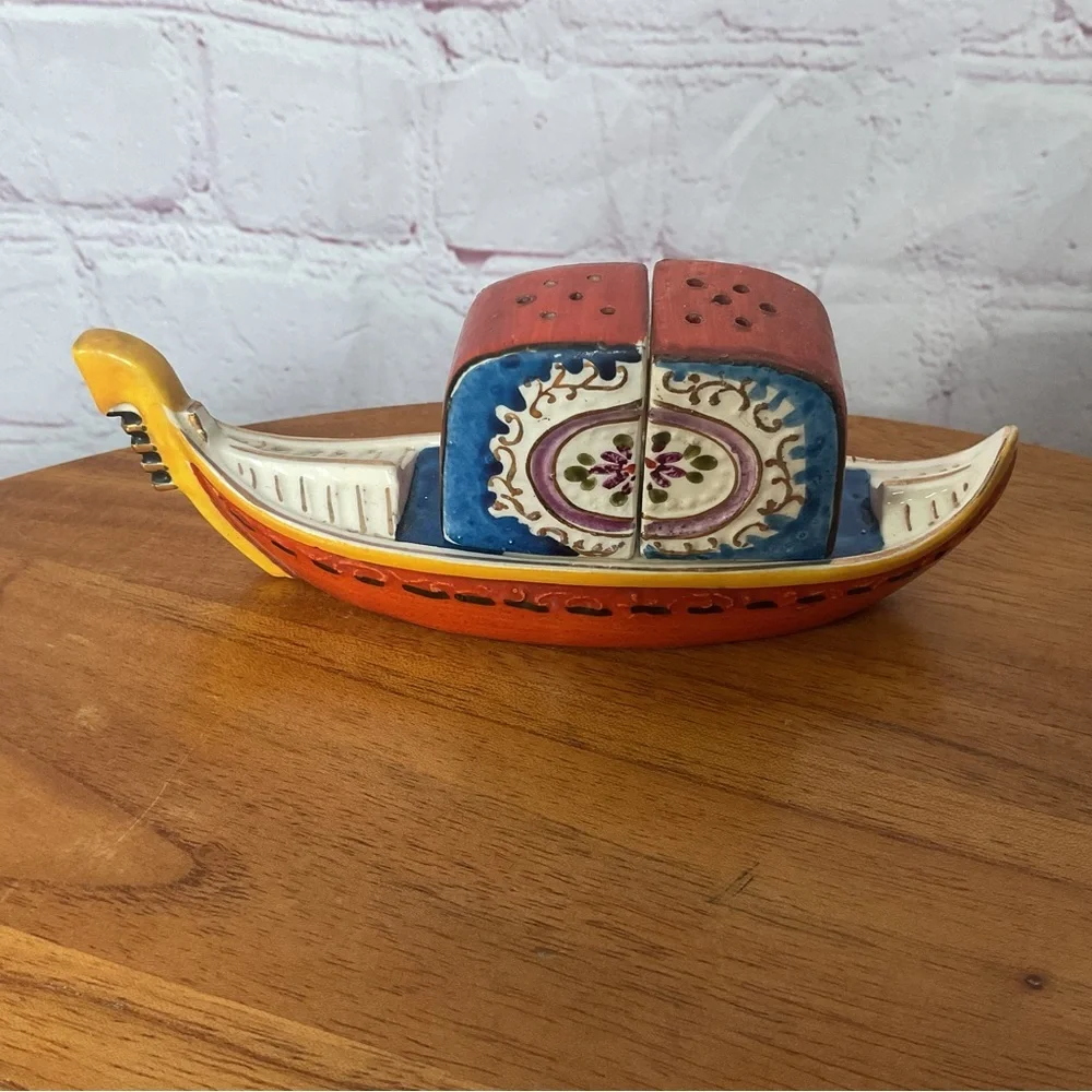 Vintage Japanese Boat Ceramic Salt and Pepper Shaker Pair